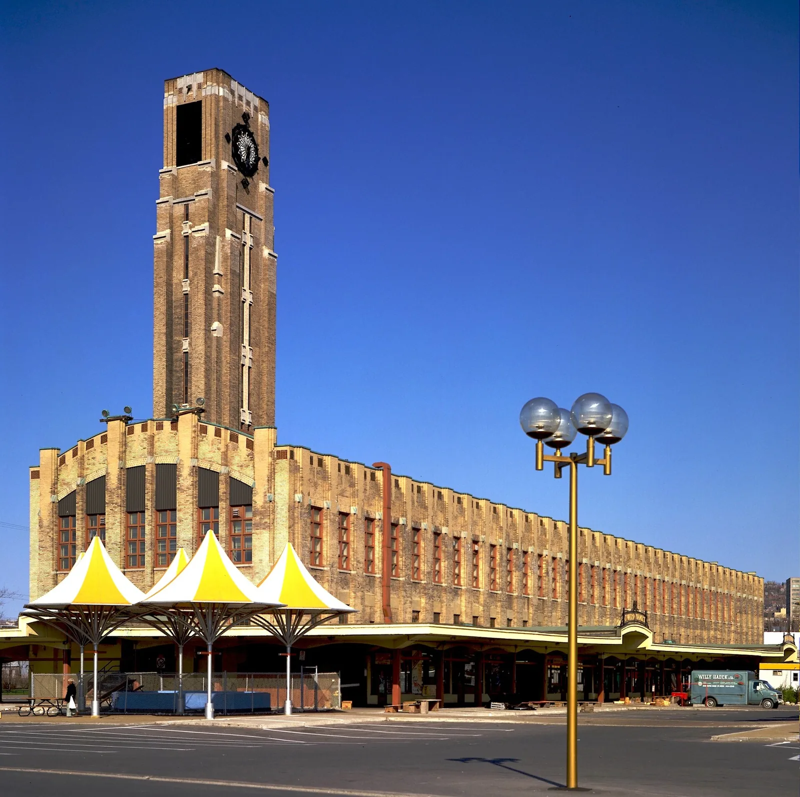 Art deco clock tower of Atwater Market beside the Lachine Canal in Montreal