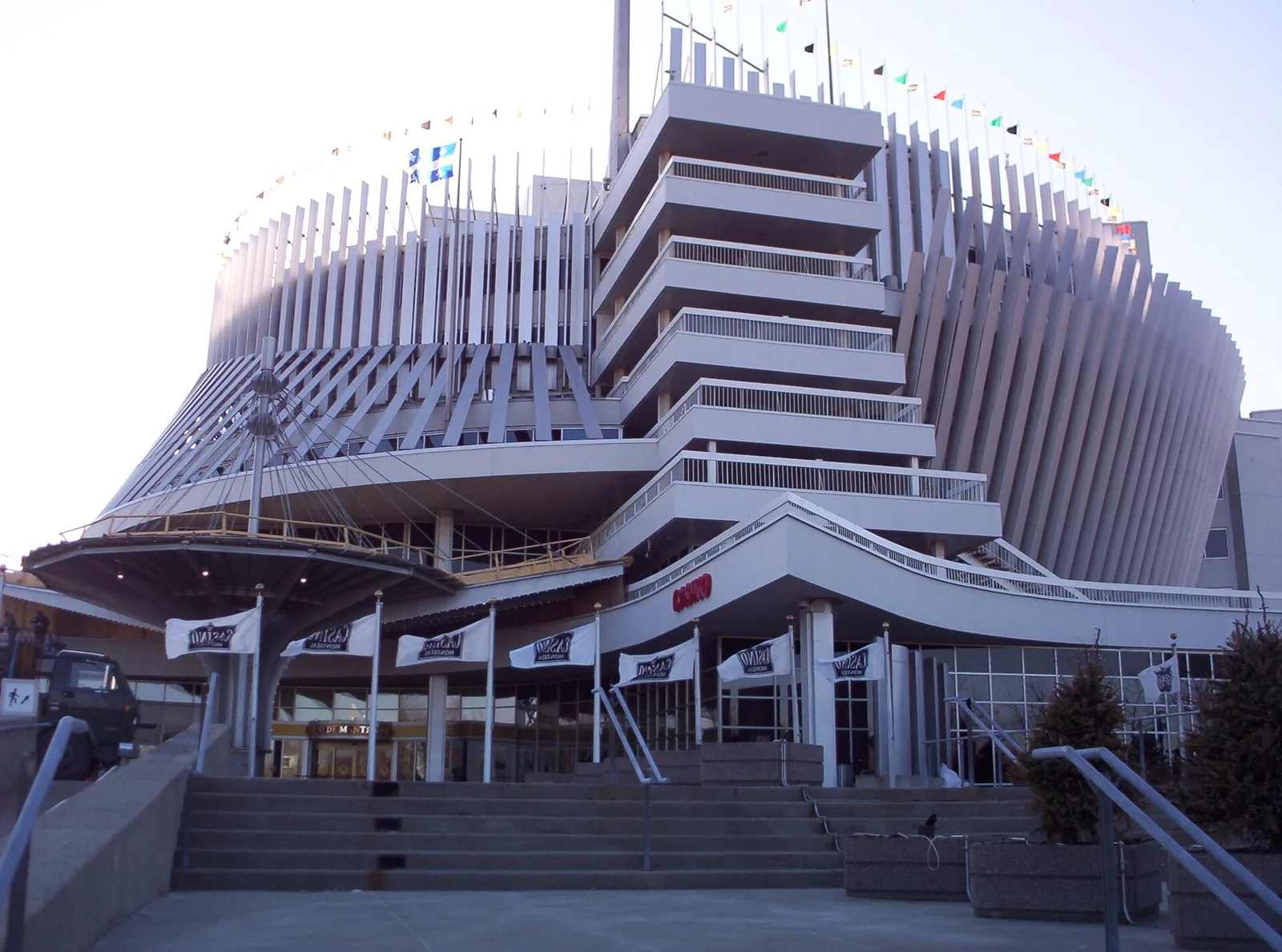 The white, ribbed facade of the Casino de Montréal building on Île Notre-Dame