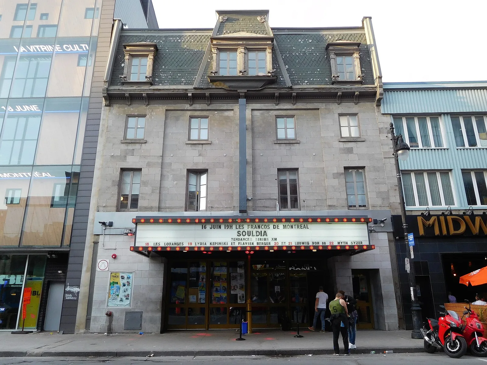 Club Soda's stone facade and marquee on boulevard Saint-Laurent