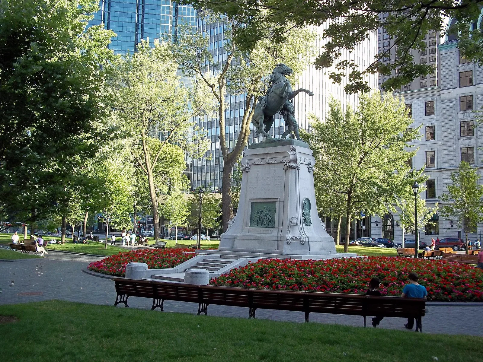 Dorchester Square in summer, a central base when choosing where to stay in Montreal