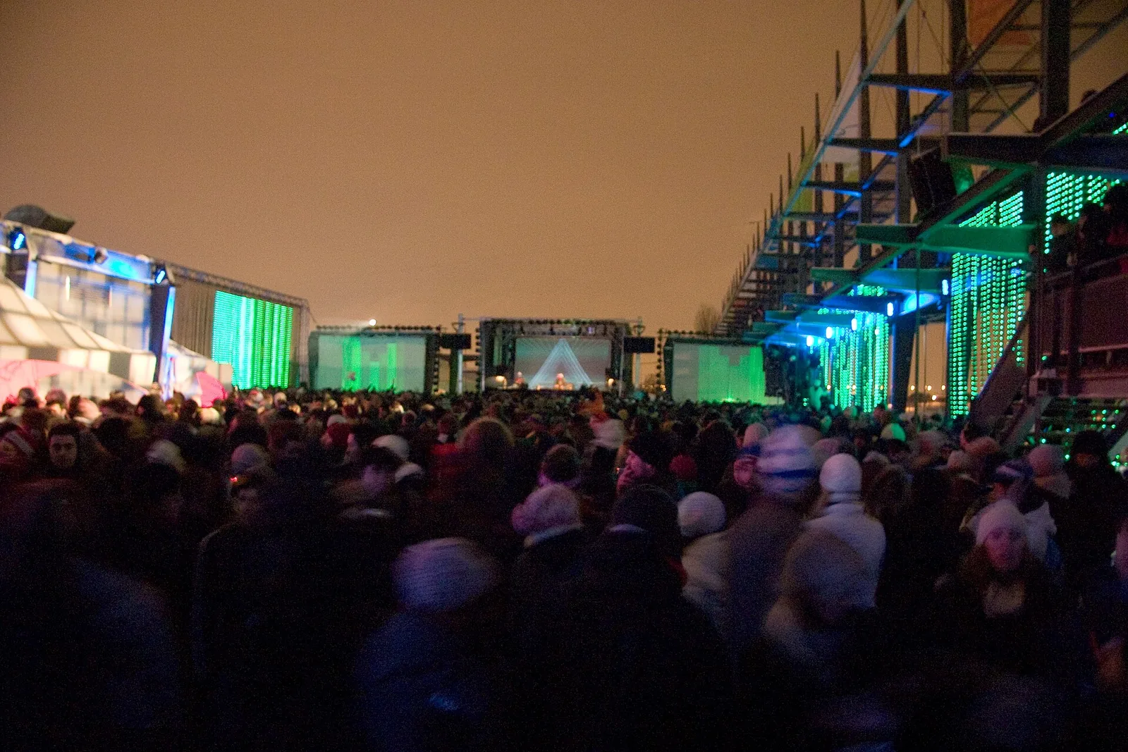 Crowd in winter coats at Igloofest in the Old Port of Montreal