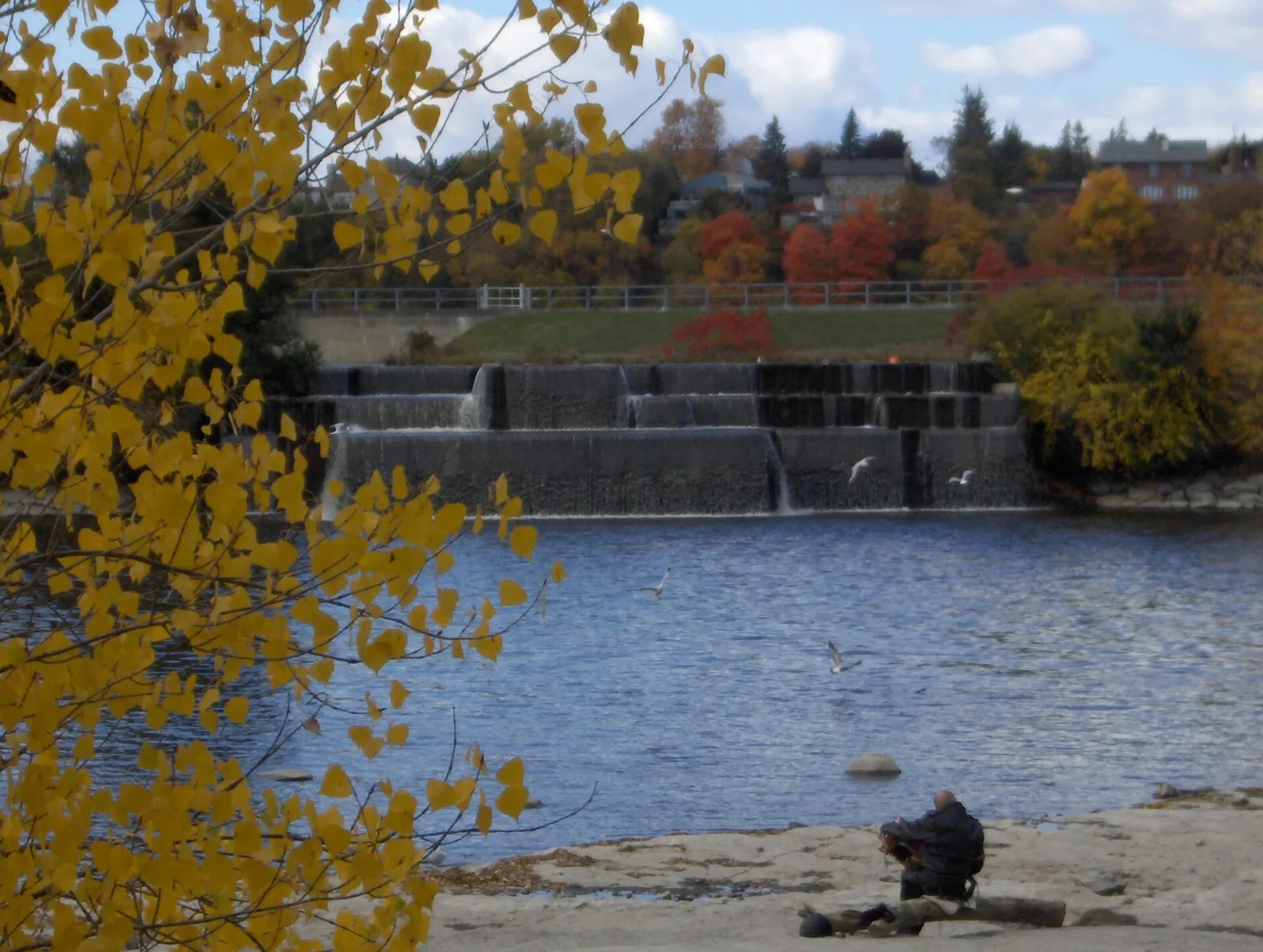 Autumn leaves over the old dam and the Rivière des Prairies at Île-de-la-Visitation nature park