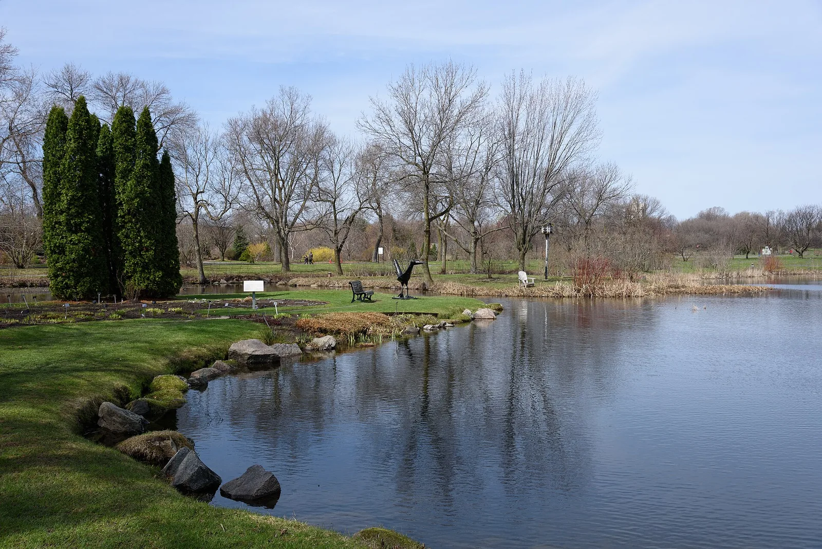 Pond and still-bare trees in the Montreal Botanical Garden in April