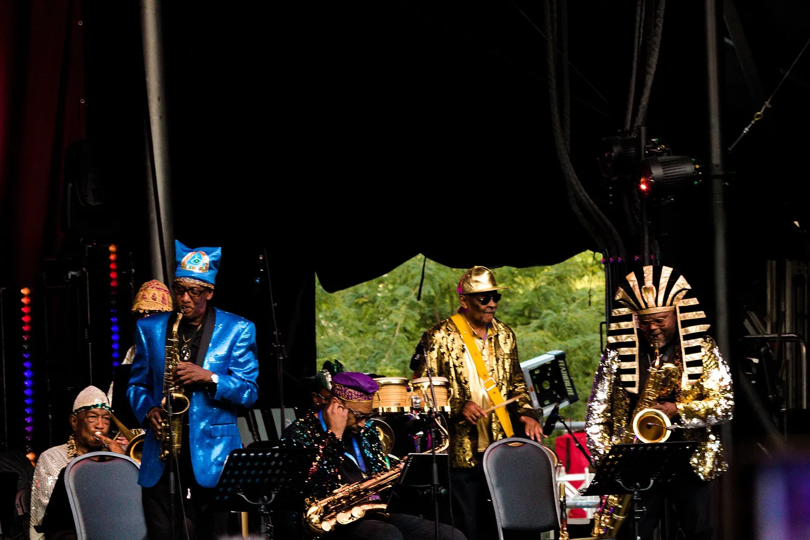 The Sun Ra Arkestra performing in sequinned costumes at the Montreal International Jazz Festival