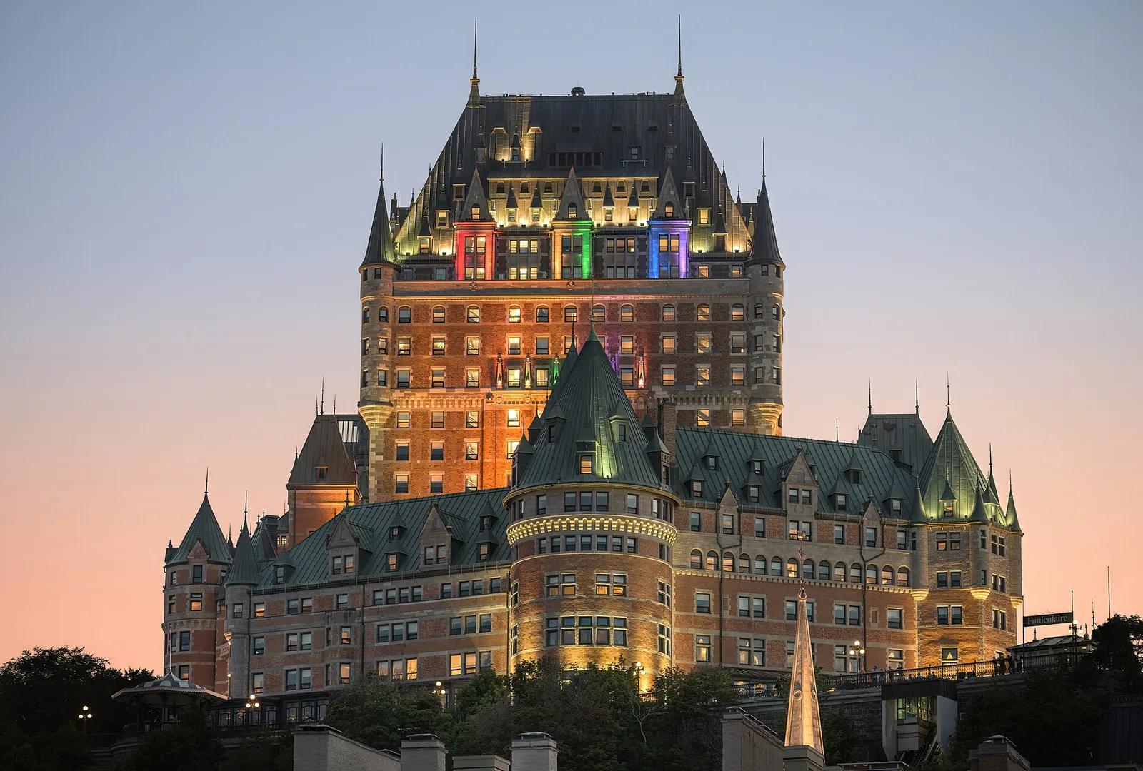 The Château Frontenac at dusk in Quebec City, the best known of the day trips from Montreal