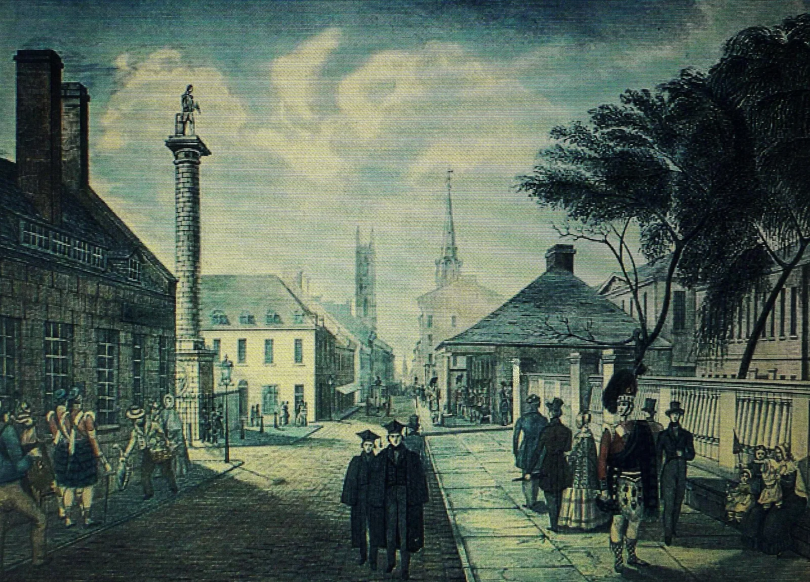 A 19th-century engraving of rue Notre-Dame and Place Jacques-Cartier in Montreal around 1845